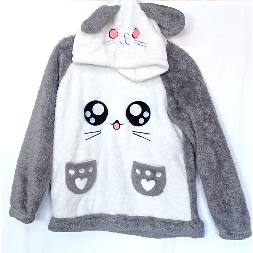 Women's Size S Hooded Fleece Pajama Set, 2-Piece, Gray/White, Long Sleeve Plush - Picture 3 of 15
